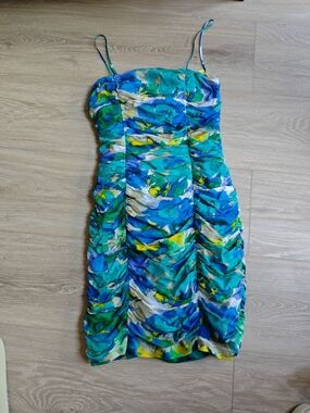 Calvin Klein Oil painting style Blue Green Watercolor Ruched StraplessDress
